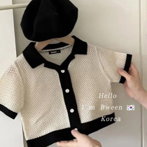Girls cardiovert Korean boy clothing 22 summer 100 lap breathable foreign air trendy temperament small fragrant wind pure color female dress blouse