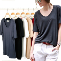 Modal white t-shirt womens short-sleeved v-neck summer low-neck solid color large size loose ice silk mask T-shirt base shirt thin