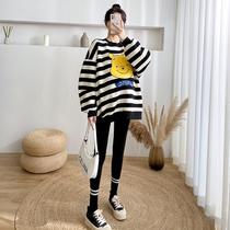 South Korean pregnant womens spring clothing suit outside wearing fashion pure cotton printed striped sweatshirt spring loose hitting bottom long sleeve blouse