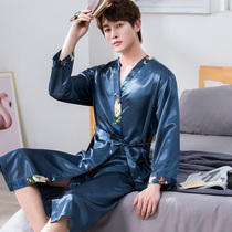 Mens spring and autumn ice silk long sleeve sleeping robe suit Summer thin model emulated silk pyjamas male lengthened bathrobe bathing suit