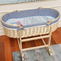  Cradle bed rattan newborn baby basket portable basket crib solid wood car portable blue wheel mosquito net mat