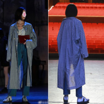 Windbreaker jacket womens spring summer and autumn mid-length over-the-knee simple Japanese plaid casual all-match long-sleeved loose sun protection clothing