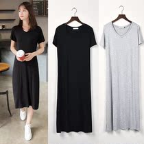 2018 summer women's modal dress short sleeve dress slim size stretch A- line dress nightdress V-neck black