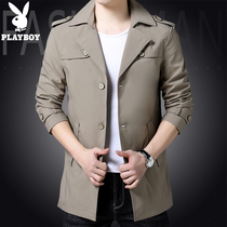 Playboy mens windbreaker mid-length 2023 spring and autumn middle-aged business casual jacket dad lapel top