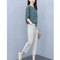 Casual cotton linen suit pants Summer Girl middle-aged mother aged thin flower Belly Belly linen top two-piece set