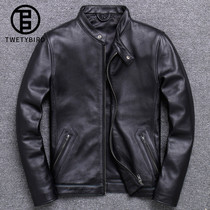 Cuddy bird leather leather mens head layer cowhide short leather jacket Japanese and Korean version of slim stand collar single leather mens coat