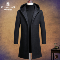 Autumn and winter mens woolen coat hooded medium long slim tweed coat solid color thick wool woolen woolen coat coat