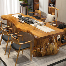 Solid wood large board log tea table Tea table Office table Tea table and chair combination New Chinese tea table Household long table