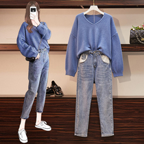 Plus size womens clothing 2021 autumn new fat sister jeans age reduction Western style meat sweater thin two-piece set