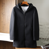 Cut label mens autumn and winter hooded wool coat fashion trend slim medium-long coat dad outfit