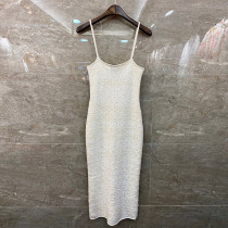 2021 new word shoulder knitted loose sundress French retro temperament dress womens summer thin long dress