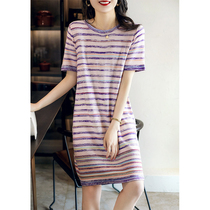  Ice silk knitted striped dress womens summer new thin section loose thin temperament short-sleeved t-shirt skirt