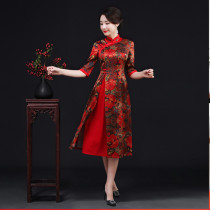 Wedding hi Mother-in-law improved silk cheongsam dress Wedding banquet red evening dress Spring and summer noble