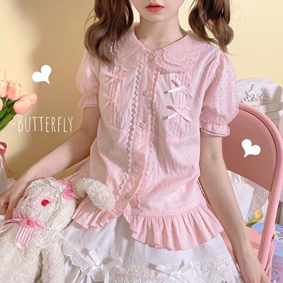 taobao agent [Three -color optional] Little Fu butterfly shirt Lolly Tower Sweet Short -sleeved shirt Having wild female summer