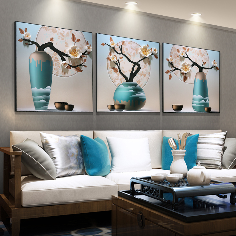 Living room decorative paintings New Chinese hanging paintings 3D three-dimensional porcelain relief tripartite modern concise high-grade wall murals