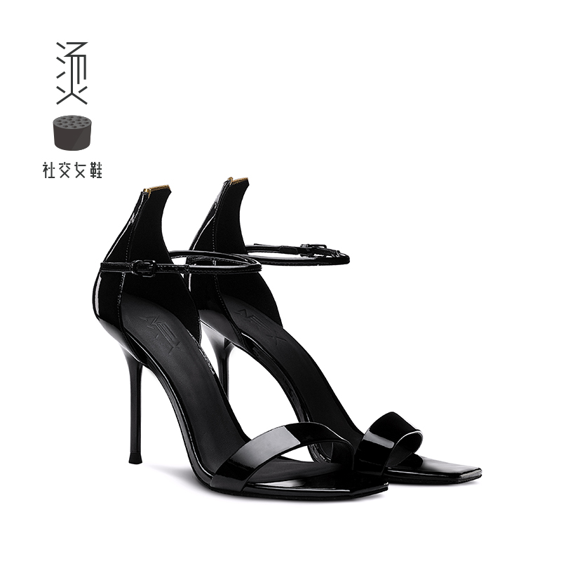 New style black lacquered slim high heels fashionable square-headed sandals in spring and summer of 2019
