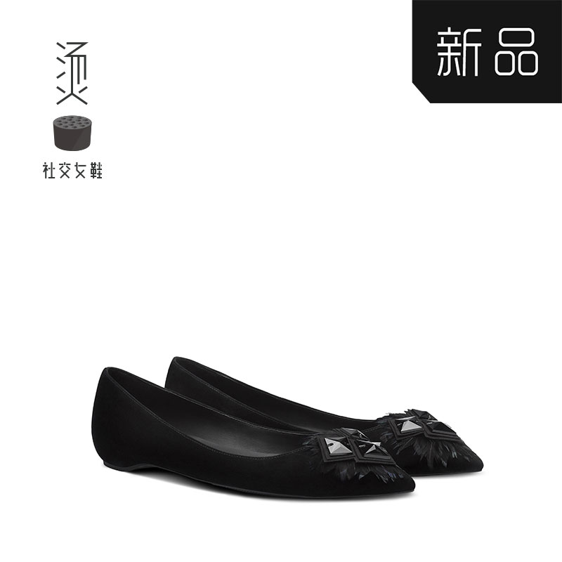 Hot social women's shoes Fall 2019 new black feather trim button shallow flat sole single shoes fashion leather women's shoes