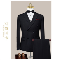 Double-breasted suit suit mens three-piece spring black host dress Groom wedding suit mens suit