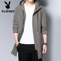 Playboy windbreaker men long hooded Korean trend 2021 Spring and Autumn new mens jacket coat mens
