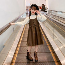 Girls dress autumn dress 2022 new style foreign style childrens leather skirt big boy girl spring and autumn net red fashion suit