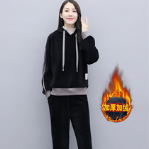 Plus velvet padded double-sided velvet casual sports set womens 2020 hooded high neck stitching sweater wide leg pants two-piece set