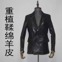 Heavy vegetable tanned sheep leather leather mens slim short double-breasted casual suit suit jacket Korean version is thin