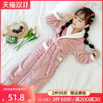 Childrens bathrobe coral velvet robes Flannel autumn and winter girls extended padded girl lapel baby pajamas