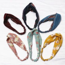 Korean version of literary retro headdress diamond-shaped chiffon elastic cross hair band print headband fashion headdress makeup