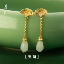 Look at the Mountain) Magnolia) Hetian white jade stone ear pendant female sterling silver jewelry Zen Super fairy ancient style earrings nail on the new