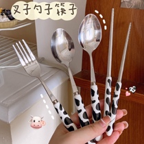 Stainless steel chopsticks spoon set portable tableware single set pupils cute three-piece fork storage box