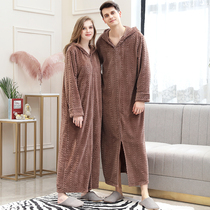 Autumn winter couple hooded coral velvet robe ladies padded length mens flannel bathrobe large size morning gown pajamas