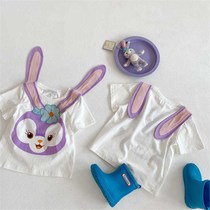 Super soft cotton summer new girl foreign style cartoon print short sleeve T-shirt baby rabbit ear top (May