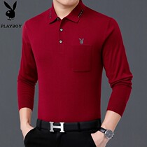 Playboy middle-aged men long sleeve T-shirt knitted cashmere sweater thin lapel collar real pocket old man dad dress