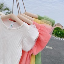 Girls short sleeve 2021 summer new children solid color T-shirt baby yarn edge small flying sleeve foreign base shirt coat