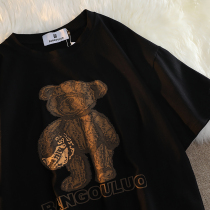 Escape from the earth bear short-sleeved t-shirt womens 2021 new American retro couple loose cotton top ins tide