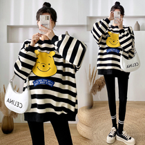 Korean Version Fashion Cartoon Net Red Little Bear Clothing Easy big code Stripes Long sleeve T-shirt Pregnant Woman Spring Dress Suit