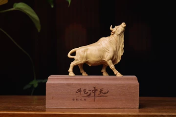 ★清 黄木彫 牛气冲天擺件★極細工 置物 擺件 古賞物 中国古美術 清 黄木彫 牛气冲天擺件 牛に恵比寿大黒天 極細工 置物 擺件 古賞