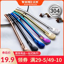 Womi 304 stainless steel straw spoon dual-use 2-pack mixing spoon Long handle net red creative juice flower tea filtration