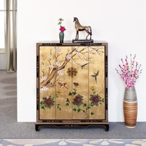 Solid wood shoe cabinet New Chinese painted gold foil household large capacity shoe cabinet Foyer entrance cabinet Light luxury balcony locker