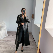 New leather windbreaker 170 tall man over the knee super long top layer sheepskin double-breasted leather leather leather jacket womens long model