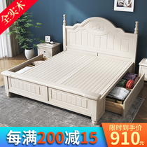  All solid wood bed Modern minimalist princess bed Korean pastoral bed White 1 8 meters American single 1 5 meters double bed