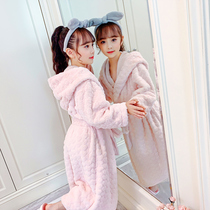 Childrens bathrobe coral velvet robes Flannel autumn and winter girls hooded nightdress little girl lace-up baby pajamas