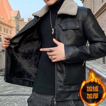 Autumn and winter mens leather clothes trend handsome plus velvet padded winter warm leather wool one soft leather jacket jacket