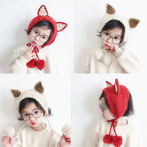 Childrens hat hair band wool cap earmuffs winter warm baby cat ears knitted lace-up ear bag tide ear cover