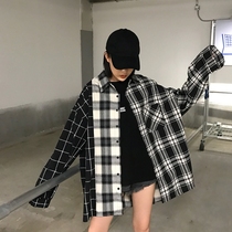  Korean version of the 2021 new chic spring and autumn plaid shirt stitching ins wind top loose thin and wild women