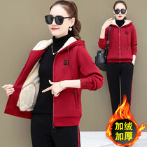 Plus velvet padded sports suit womens autumn and winter fashion loose cardigan hoodie lamb velvet casual wear two-piece set