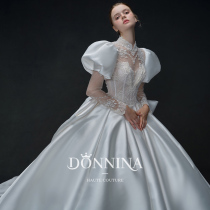 Dona white light wedding dress 2021 new bride satin main gauze bubble sleeve pumpy skirt long tail