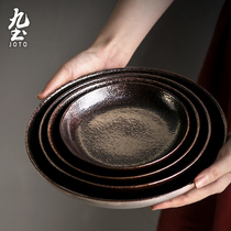 Nine clay pottery Japanese tableware literary soup rice bowl daily ramen bowl vintage simple home personal black basin flat plate