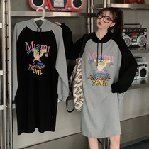 Spring and Autumn Maternity Dress Korean Loose Hooded Wear Long Plus Size Late Pregnancy Fat MM200kg Dress