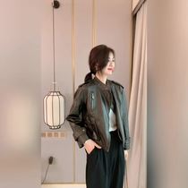 Tide brand casual Joker short leather jacket women 2021 autumn new womens Korean version loose skinny leather coat women